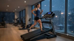 Vector illustration of a Canadian runner using a treadmill to simulate hills during a cold winter storm in Toronto.