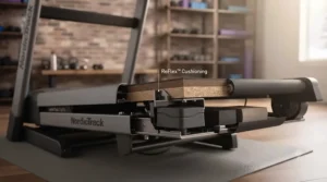 Multi-zone deck cushioning system on a smart WiFi treadmill to protect joints during indoor running sessions.