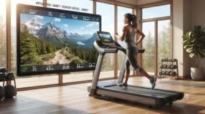Immersive HD touchscreen on a treadmill with decline feature showcasing a virtual Canadian Rockies hiking trail.