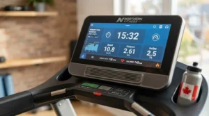 Digital console of a smart treadmill under $1500 CAD syncing fitness tracking apps via Bluetooth.