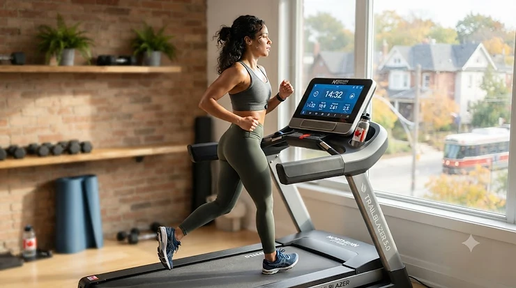 A sleek smart treadmill under $1500 CAD set up in a modern Canadian home living room, perfect for winter cardio workouts. / Tapis de course intelligent.