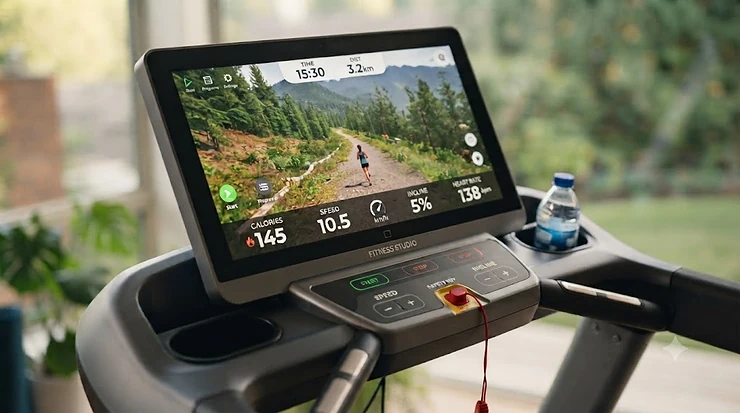 Close-up illustration of an interactive HD touchscreen console on a mid-range treadmill available in Canada, displaying workout metrics and streaming apps.
