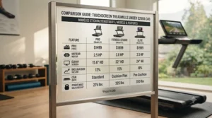 Infographic illustration comparing price points, features, and warranties of top touchscreen treadmills under $2000 CAD.