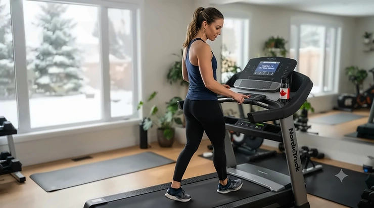 Person choosing between walking vs running on a treadmill for year-round home fitness.