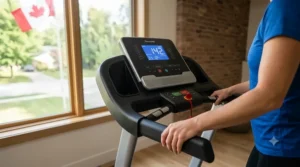 Hand pulse sensors on a 2.5 HP budget treadmill handlebar. | Capteurs de pouls manuels sur le guidon d'un tapis de course économique 2.5 HP.