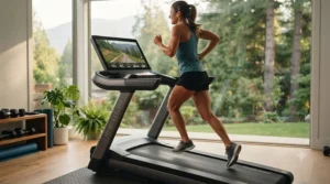 Vector illustration showing a runner on a touchscreen treadmill under $2000 CAD simulating outdoor trail elevations and hill climbs.