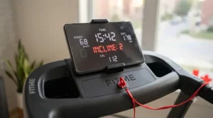 Clear LED display on a treadmill showing speed and distance.