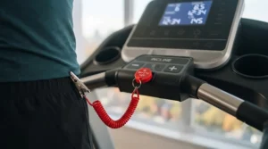 Essential safety clip and emergency stop key attached to a home fitness treadmill.