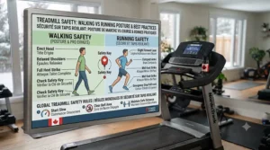 Safety icons for treadmill use, distinguishing walking vs running posture.