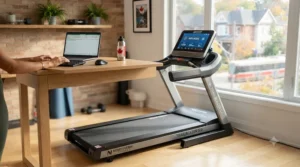 Dual-function smart treadmill under $1500 CAD used as an under-desk walking pad for a home office setup.