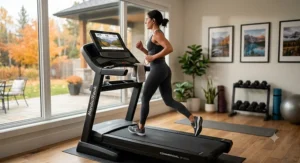 Person running on the best electric treadmill in a home gym.