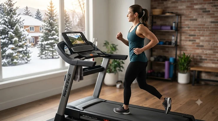 Sleek smart WiFi treadmill under $1200 CAD set up in a modern Canadian home gym, ideal for streaming workouts through Canadian winters.