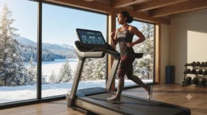 Athlete staying active during Canadian winter months by using a versatile treadmill with decline feature indoors.