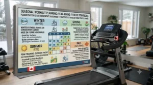 Treadmill set up for winter workouts in a Canadian home environment.