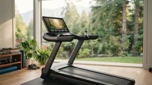 Illustration of a home workout space featuring a modern touchscreen treadmill, ideal for staying active during cold Canadian winters.
