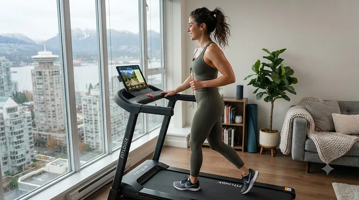 Compact app-connected treadmill for small spaces set up in a modern Canadian apartment living room with a fitness app.