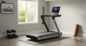 A modern treadmill for Peloton app users set up with dumbbells and a yoga mat in a bright Vancouver basement gym.