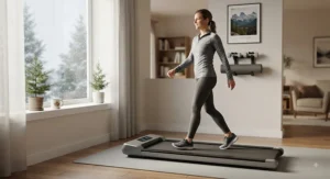 A person using a budget-friendly walking pad under $300 CAD in a cozy home fitness area during a Canadian winter.