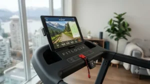 Tablet syncing via Bluetooth to an app-connected treadmill for interactive workouts in small spaces.