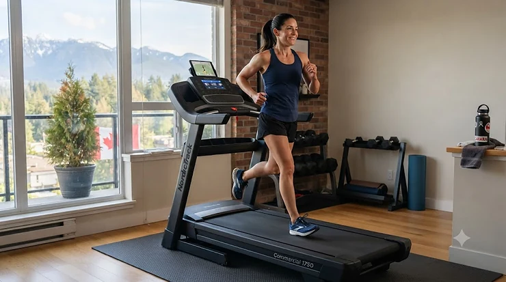 Modern folding Bluetooth treadmill for home gym set up in a bright Canadian living room.