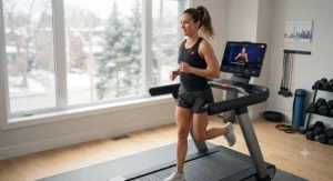 A Canadian fitness enthusiast running on a treadmill for Peloton app users while following an instructor-led running class.