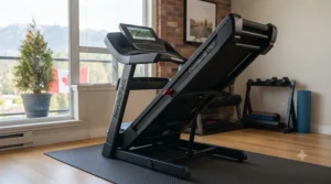 Space-saving folding design of a Bluetooth treadmill for home gym apartments.