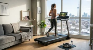 A compact interactive treadmill for home workouts designed for efficient storage in Canadian townhouses and condos.