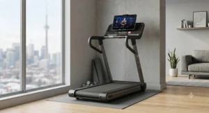 A compact folding treadmill for Peloton app users designed for small-space living in Canadian urban condominiums.