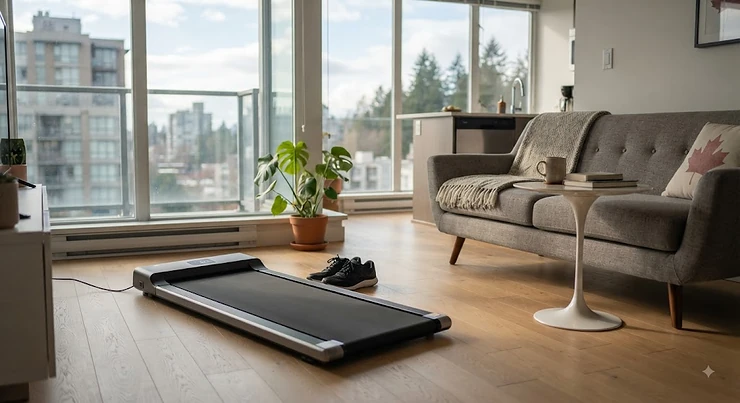 A compact walking pad priced under $300 CAD set up in a modern Canadian apartment living space.