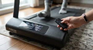 Close-up of the LED display and handheld remote control on a portable walking treadmill tracking speed and calories.