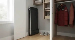 A slim walking pad being stored upright in a closet, showing space-saving design for Canadian homeowners.