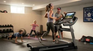 A Canadian family sharing an interactive treadmill for home workouts in a finished basement home gym.