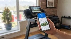 Smartphone syncing via Bluetooth treadmill for home gym interactive running apps.