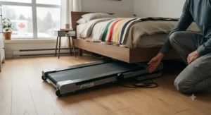 A slim, foldable portable walking treadmill easily sliding under a bed for space-saving storage in small Canadian homes.