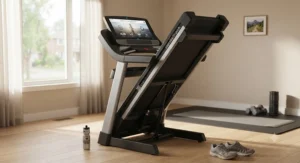 A folding interactive treadmill for home workouts shown partially folded for easy storage after a morning run.
