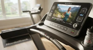 Close-up of digital incline controls on an interactive treadmill for home workouts simulating outdoor trail runs.