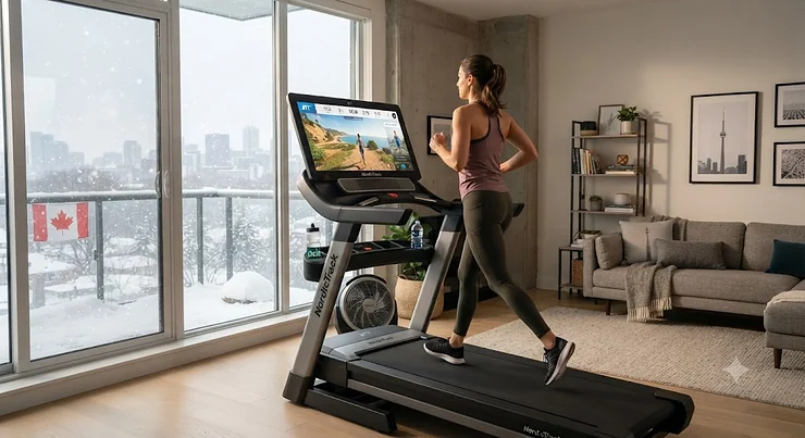 An interactive treadmill for home workouts set up in a modern Canadian apartment living room during a snowy winter day.
