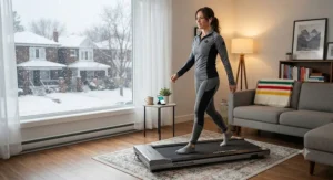 A Canadian fitness enthusiast staying active during a snowy day by walking on a portable walking treadmill indoors.