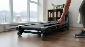 App-connected treadmill featuring built-in transport wheels for easy storage in small Canadian homes.