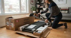 Unboxing a newly delivered portable walking treadmill ready for quick, tool-free assembly in a Canadian home.