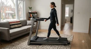 A quiet-motor portable walking treadmill operating smoothly in an upstairs condominium without disturbing neighbours.