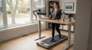 A quiet walking pad being used at a standing desk, perfect for maintaining activity while working from home in Canada.