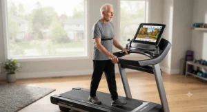 An active senior adult walking safely on an interactive treadmill for home workouts with integrated heart rate monitors.