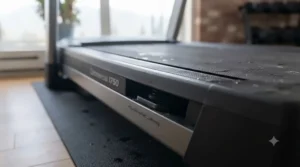 Durable shock-absorbing running deck on a Bluetooth treadmill for home gym safety.