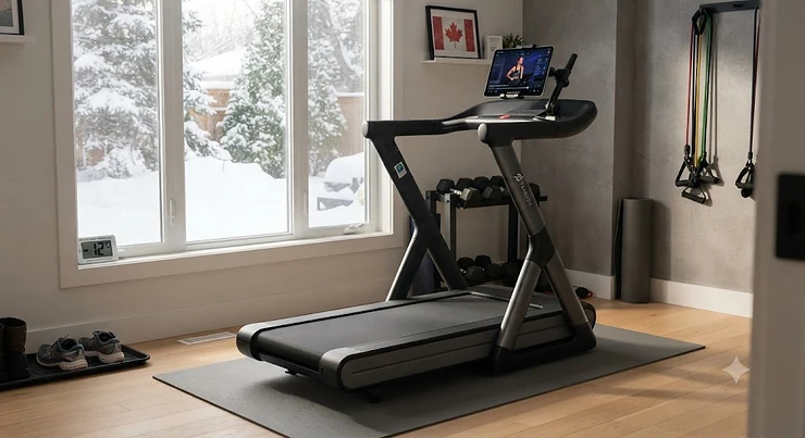 A Canadian home gym featuring a treadmill for Peloton app users with a tablet mounted for streaming workouts during winter.