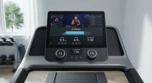 A digital screen and console on a treadmill for Peloton app users displaying speed and incline settings for high-intensity interval training.