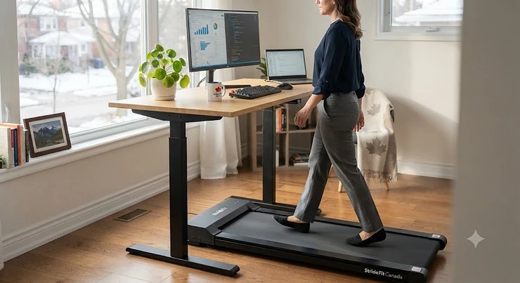 An under-desk portable walking treadmill paired with a standing desk for remote work productivity in Canada.