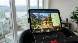 Fitness app screen on a small-space treadmill displaying virtual outdoor running trails.