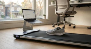 A flat walking pad positioned in front of a laptop stand, demonstrating an efficient setup for under $300 CAD.