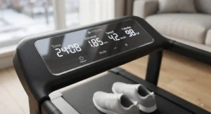Detailed display of the LED dashboard on a walking pad available for under $300 CAD in the Canadian market.